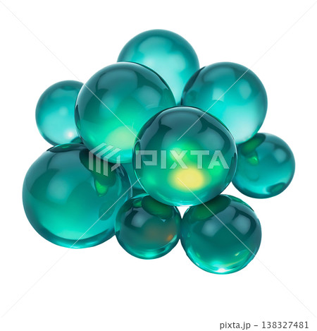 Group of vibrant turquoise and green glossy glass spheres abstract composition design element. 138327481