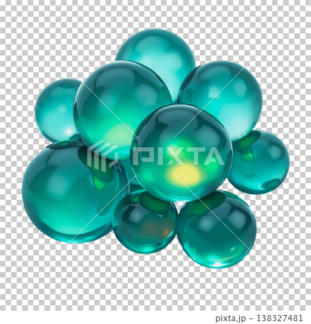 Group of vibrant turquoise and green glossy glass spheres abstract composition design element. 138327481