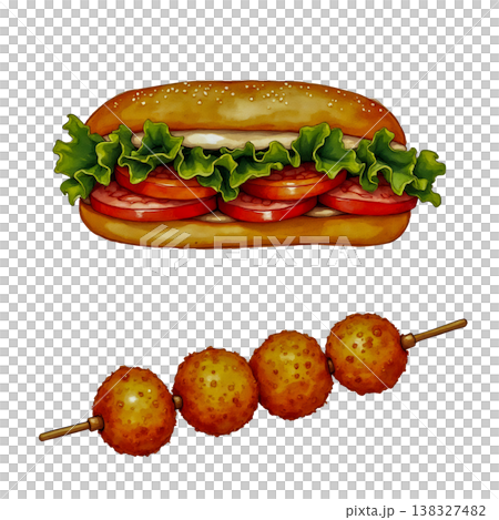 Hamburger and fried meatballs on skewers isolated on transparent background vector illustration. Hamburger and fried meatballs on skewers isolated on transparent background vector illustration. 138327482