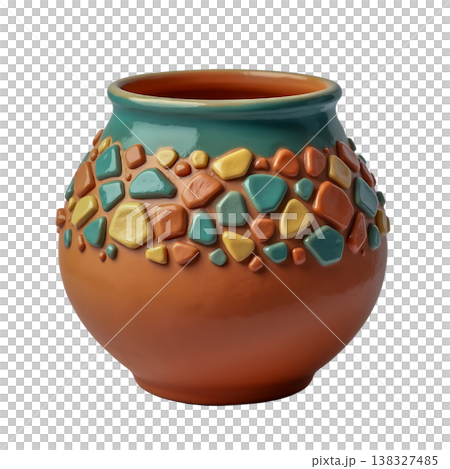Handcrafted ceramic clay pot decorated with colorful mosaic stones on turquoise neck band. Handcrafted ceramic clay pot decorated with colorful mosaic stones on turquoise neck band. 138327485