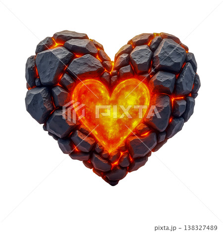 Heart shape made of rough dark stones with glowing hot lava inside. Heart shape made of rough dark stones with glowing hot lava inside. 138327489