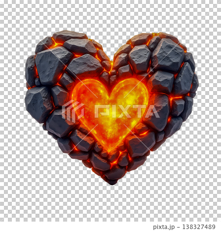 Heart shape made of rough dark stones with glowing hot lava inside. Heart shape made of rough dark stones with glowing hot lava inside. 138327489