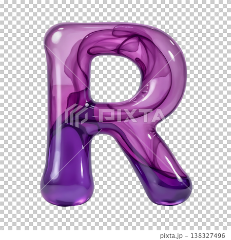 Letter R made of purple liquid flowing inside a translucent balloon on transparent background. Letter R made of purple liquid flowing inside a translucent balloon on transparent background. 138327496