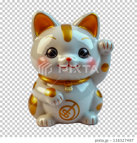 Lucky cat beckoning figurine maneki neko isolated on transparent background. 138327497