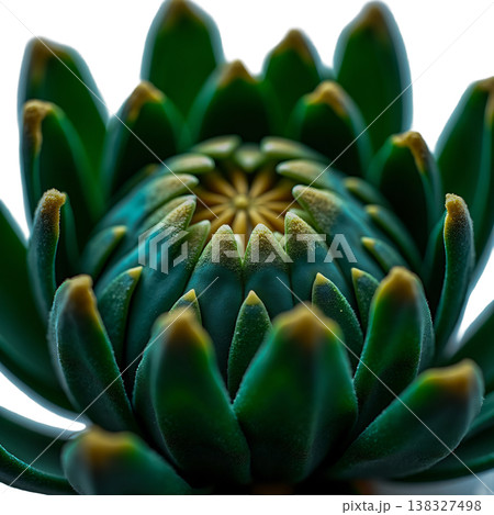 Macro view of exotic protea flower bud with dark green petals and golden yellow tips growing. 138327498