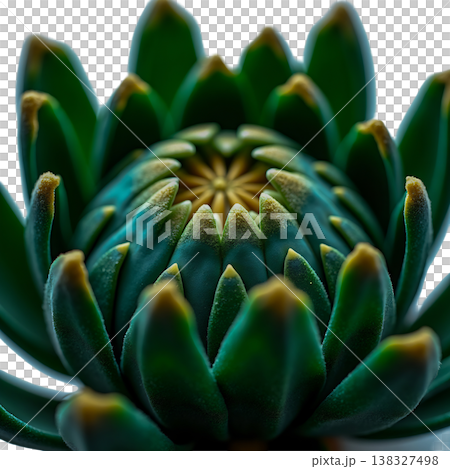 Macro view of exotic protea flower bud with dark green petals and golden yellow tips growing. 138327498