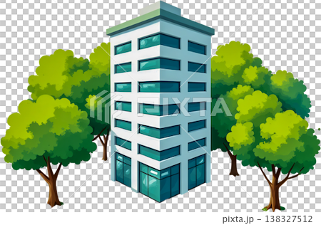 Modern eco friendly office building surrounded by green trees for sustainable urban design. 138327512