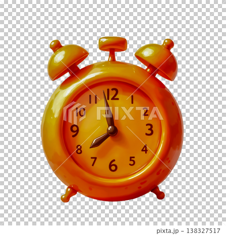 Orange classic alarm clock with metal bells and glossy finish for morning wake up concept. Orange classic alarm clock with metal bells and glossy finish for morning wake up concept. 138327517