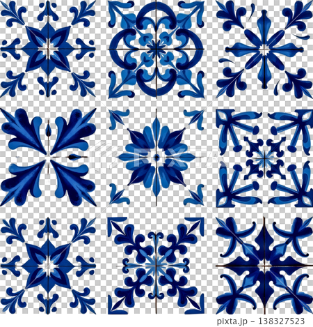 Portuguese azulejo tile pattern set with blue floral ornaments on transparent background p. Portuguese azulejo tile pattern set with blue floral ornaments on transparent background p. 138327523