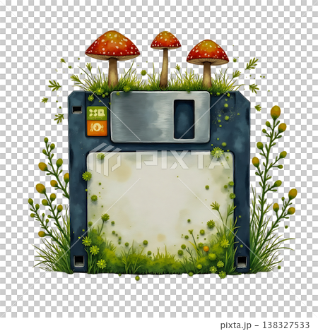 Retro floppy disk with nature elements and mushrooms growing on it. 138327533