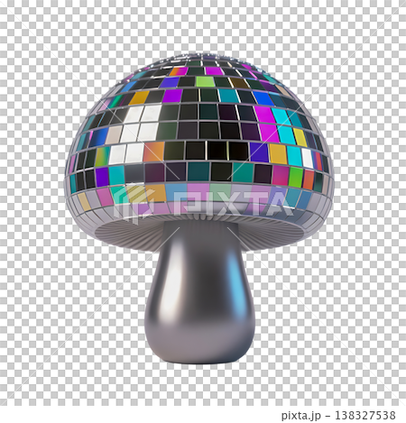 Shiny disco mushroom with reflective colorful squares on transparent background. Shiny disco mushroom with reflective colorful squares on transparent background. 138327538