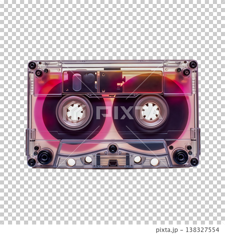 Transparent pink cassette tape with internal winding mechanisms isolated on grid background. Transparent pink cassette tape with internal winding mechanisms isolated on grid background. 138327554