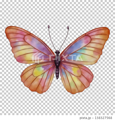 Watercolor butterfly illustration with colorful wings isolated on transparent background art. Watercolor butterfly illustration with colorful wings isolated on transparent background art. 138327568