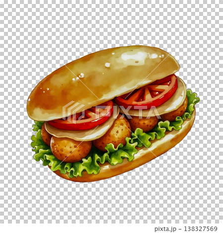 Watercolor falafel sandwich with fresh tomatoes lettuce and creamy sauce on toasted baguette. Watercolor falafel sandwich with fresh tomatoes lettuce and creamy sauce on toasted baguette. 138327569