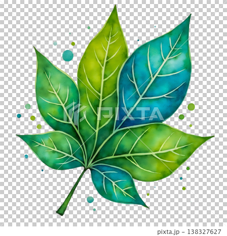 Watercolor painting of abstract green and blue leaves with colorful splatters art. 138327627