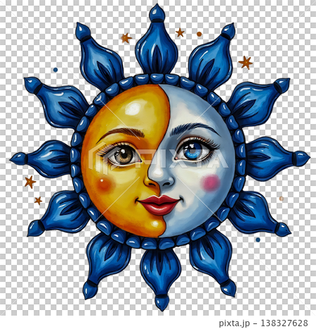 Whimsical sun and moon celestial face illustration with blue rays and golden star accents. Whimsical sun and moon celestial face illustration with blue rays and golden star accents. 138327628