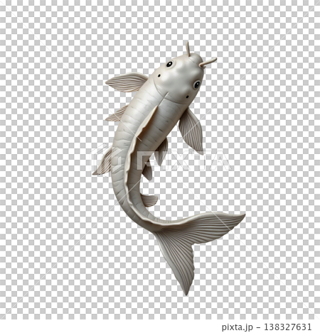 White marble koi fish sculpture swimming upward with detailed scales and artistic rendering. White marble koi fish sculpture swimming upward with detailed scales and artistic rendering. 138327631
