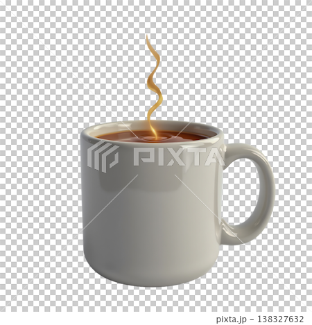 White mug filled with coffee has a spiraling stream of steam rising from its surface. 138327632