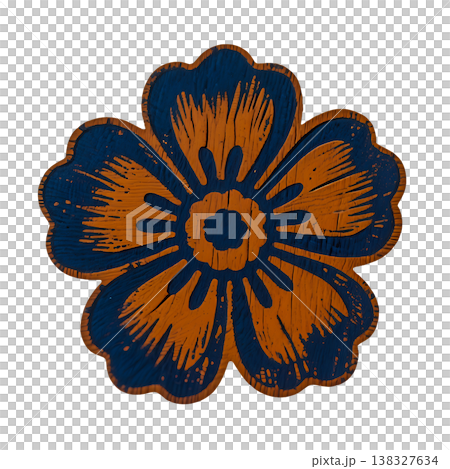 Wooden flower shape with blue and orange rustic painting on transparent background. 138327634