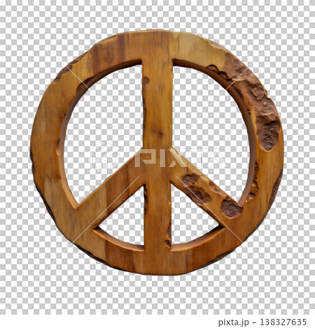 Wooden peace sign with rough textured edges on transparent background symbol of love and peace. 138327635