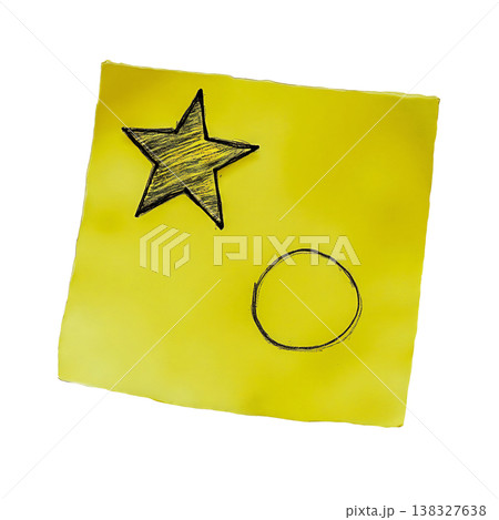Yellow sticky note with a hand drawn star and circle isolated on transparent background. 138327638