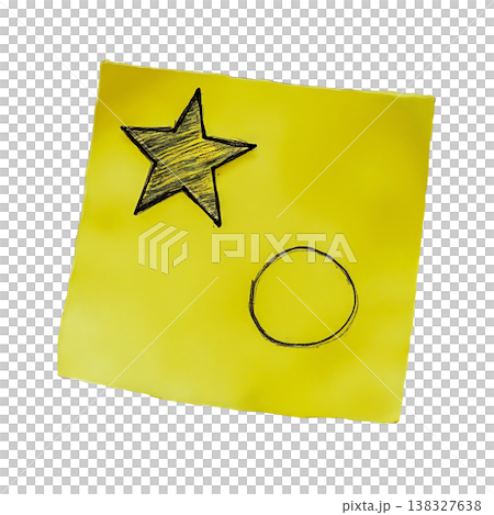 Yellow sticky note with a hand drawn star and circle isolated on transparent background. 138327638
