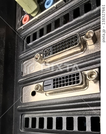 Detailed view of a computer back panel with multiple connection ports Detailed view of a computer back panel with multiple connection ports 138327661