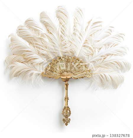 Antique white ostrich feather fan with intricate golden scrollwork Antique white ostrich feather fan with intricate golden scrollwork 138327678