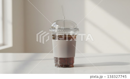 Blank label clear plastic cup holding bubbly cold drink on white table Blank label clear plastic cup holding bubbly cold drink on white table 138327745