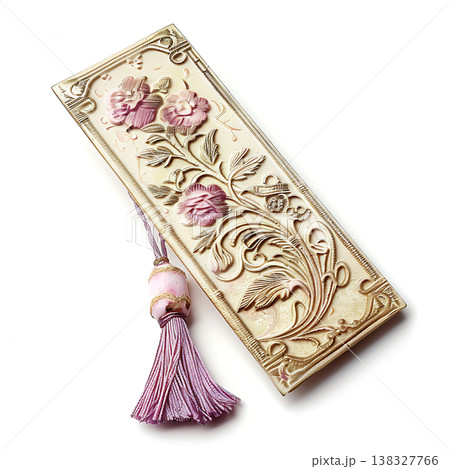 Elegant Art Nouveau style metal bookmark adorned with detailed rose flowers and tassel 138327766
