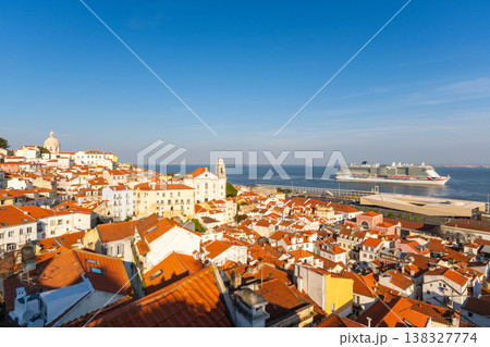 Alfama Oldest Neighborhood and Big Cruise Ship on Sunny Day. Lisbon, Portugal 138327774