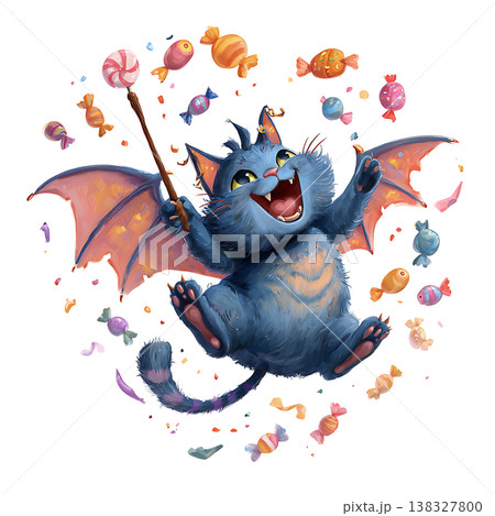 Happy blue winged creature soaring with a lollipop stick and falling sweets 138327800