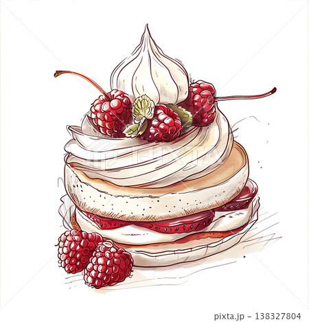 Illustrative drawing of sweet pavlova with whipped cream and mixed berries 138327804