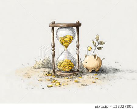 Money flowing through hourglass with piggy bank growing wealth Money flowing through hourglass with piggy bank growing wealth 138327809