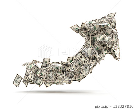 One hundred US Dollar bills form an upward pointing arrow representing financial growth 138327810