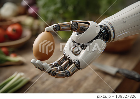 Robot hand delicately holds a fresh brown egg over a wooden kitchen counter Robot hand delicately holds a fresh brown egg over a wooden kitchen counter 138327826