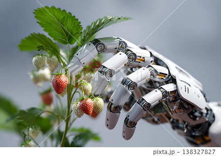 Robotic hand selecting red strawberries from a green plant in a controlled environment Robotic hand selecting red strawberries from a green plant in a controlled environment 138327827