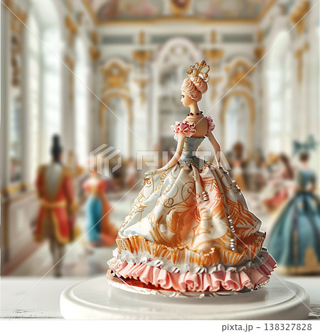 Rococo doll in elaborate dress observes a grand ball in a European palace Rococo doll in elaborate dress observes a grand ball in a European palace 138327828