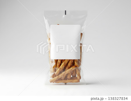 Transparent standup bag with blank square label holding salted pretzel snacks Transparent standup bag with blank square label holding salted pretzel snacks 138327834