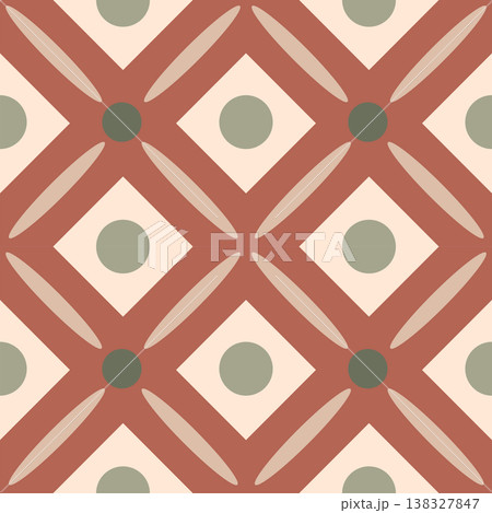 Seamless geometric pattern with earthy boho colors featuring retro terracotta tiles, sage green circles, and interlocking crosses. 138327847