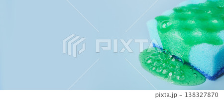 Colorful cleaning sponge with detergent foam, banner format 138327870