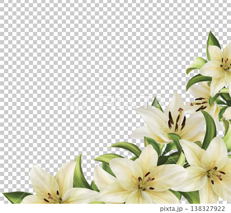 Corner floral arrangement featuring realistic white lily flowers and green leaves. Hand drawn illustration Corner floral arrangement featuring realistic white lily flowers and green leaves. Hand drawn illustration 138327922