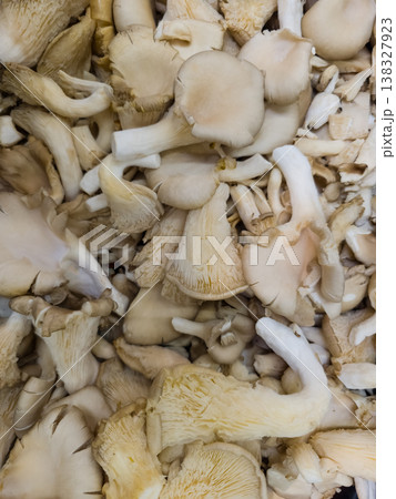 Top view of fresh organic brown oyster mushrooms (Pleurotus ostreatus) background pattern at farmers market Top view of fresh organic brown oyster mushrooms (Pleurotus ostreatus) background pattern at farmers market 138327923
