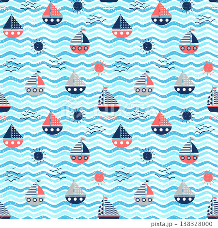 Nautical vector seamless pattern with red and blue boats, waves and suns on wavy backgrounds for summer graphic design 138328000