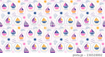 Cute boats summer seamless vector pattern with wavy ocean stripes, sun and boat geometric shapes for kids and baby designs Cute boats summer seamless vector pattern with wavy ocean stripes, sun and boat geometric shapes for kids and baby designs 138328002