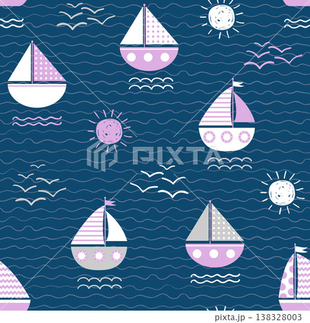Seamless vector pattern with boats, waves and suns on dark blue background Seamless vector pattern with boats, waves and suns on dark blue background 138328003