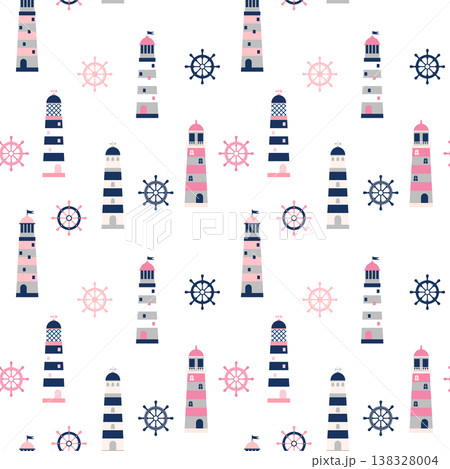 Simple minimal vector pattern with lighthouses and helm in blue, grey and pink colors for clothing, packaging and summer designs Simple minimal vector pattern with lighthouses and helm in blue, grey and pink colors for clothing, packaging and summer designs 138328004