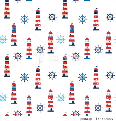 Cute lighthouses seamless pattern in blue and red colors for boys clothing and invitations and other children designs 138328005