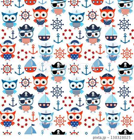 Seamless vector nautical pattern with cute sailor and pirate owls and boats in red and blue for summer backgrounds and clothing for kids 138328025