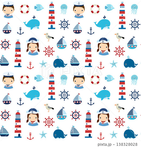 Cute nautical seamless pattern with boy, girl and marine elements for textile, paper and backgrounds 138328028